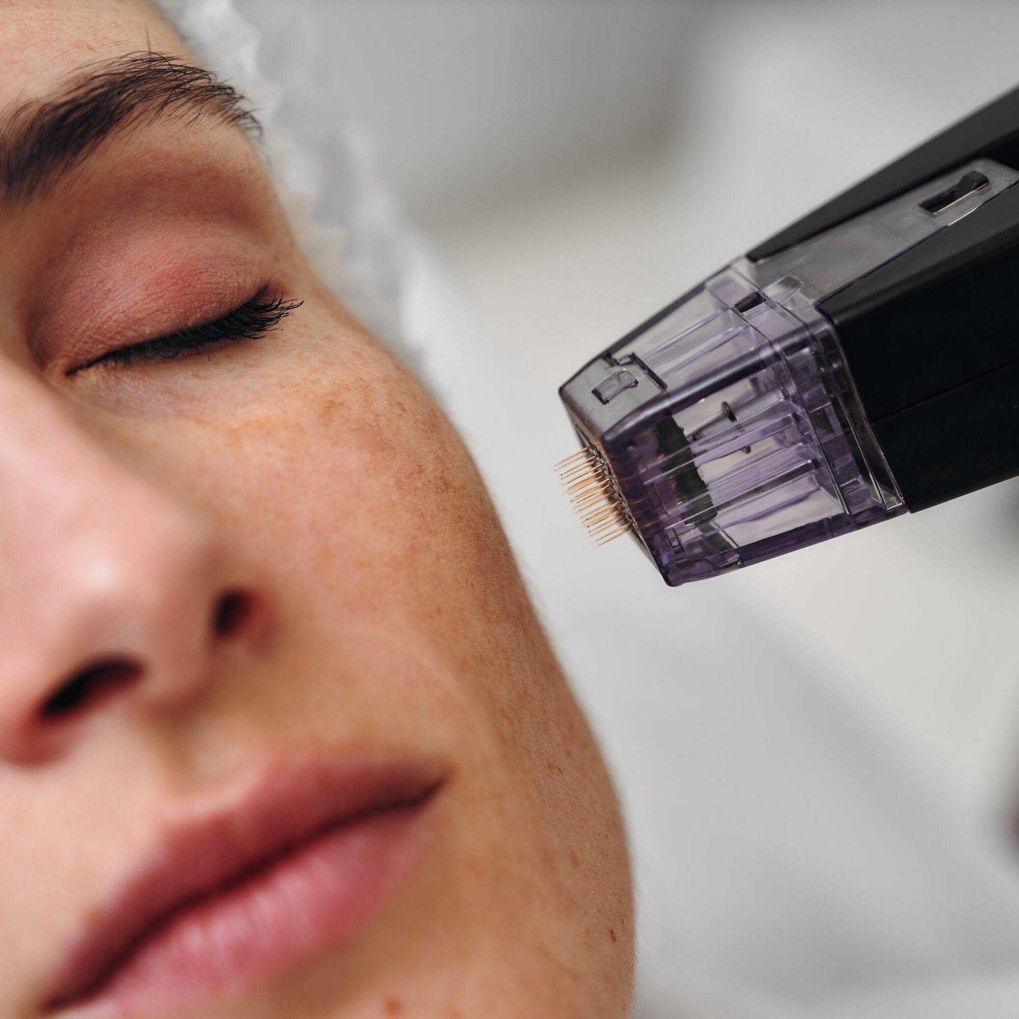 Woman receiving facial treatment with a microneedling device
